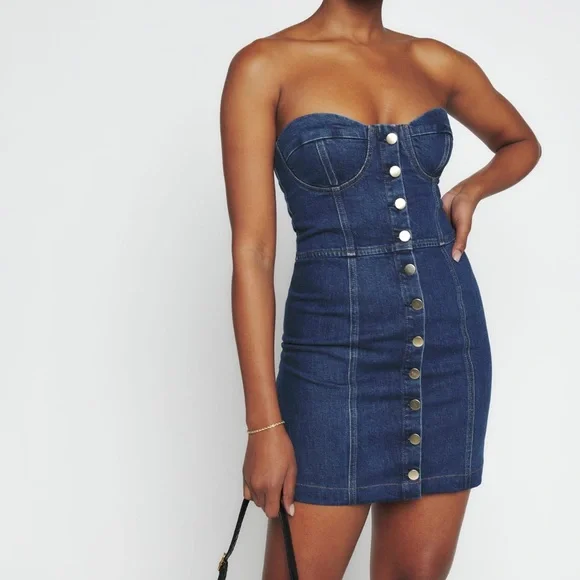 white christmas dresses On The Down Low Denim Strapless Midi Dress